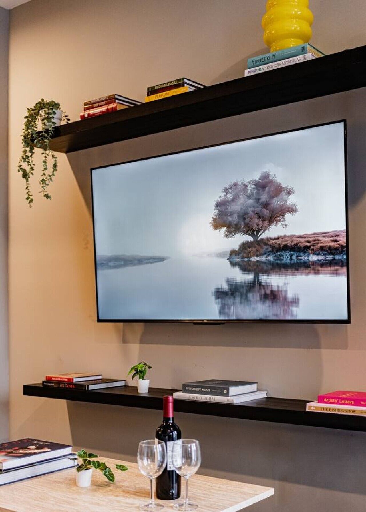 Un televisor de pantalla plana montado en la pared, con una estantería abajo que muestra libros y una pequeña planta.