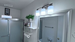 Hair dryer, towels, soap, toilet paper