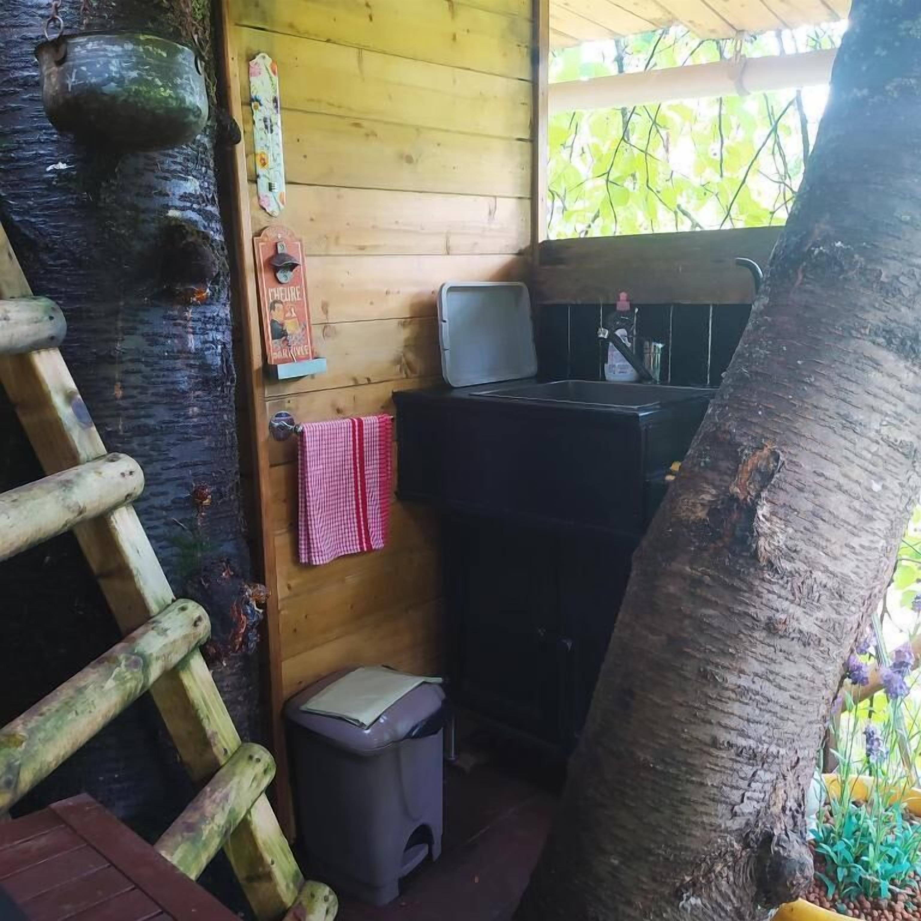 Een rustieke houten hut met een ladder, een kleine vuilnisbak en een wastafel met een handdoek aan de muur.