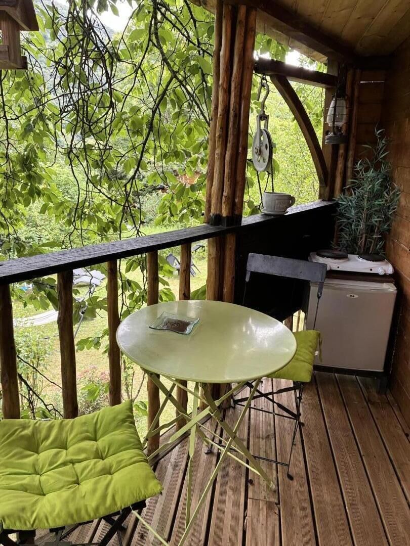 Une terrasse en bois avec une table et des chaises, un petit réfrigérateur et des plantes suspendues.