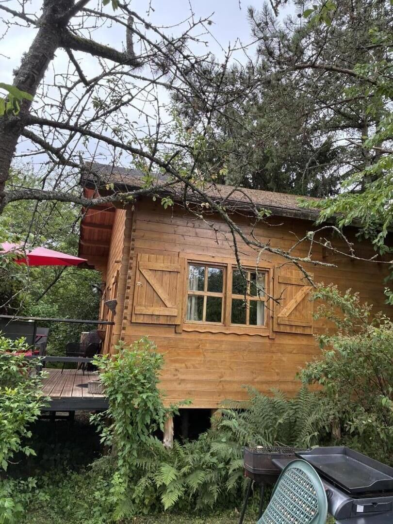 Une cabane en bois dotée d’une terrasse, entourée d’une végétation luxuriante.