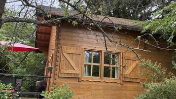 Une cabane en bois dotée d’une terrasse, entourée d’une végétation luxuriante.