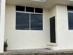 Fachada de edificio con un ventanal grande, una puerta y una pequeña planta en maceta.