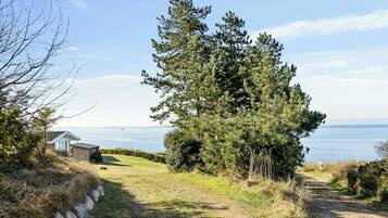 A coastal path with a small wooden structure, dense trees, and a clear view of the sea.
