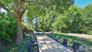 Un espacio de comedor al aire libre con una mesa larga y sillas, rodeado de árboles y follaje.