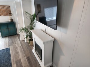 A living room with a fireplace, a TV mounted on the wall, a green cabinet, and a potted plant. - 4 blocks to beach. Dog Friendly. Fenced Yard. In Pacific Beach. Arcade! (Pacific Beach)