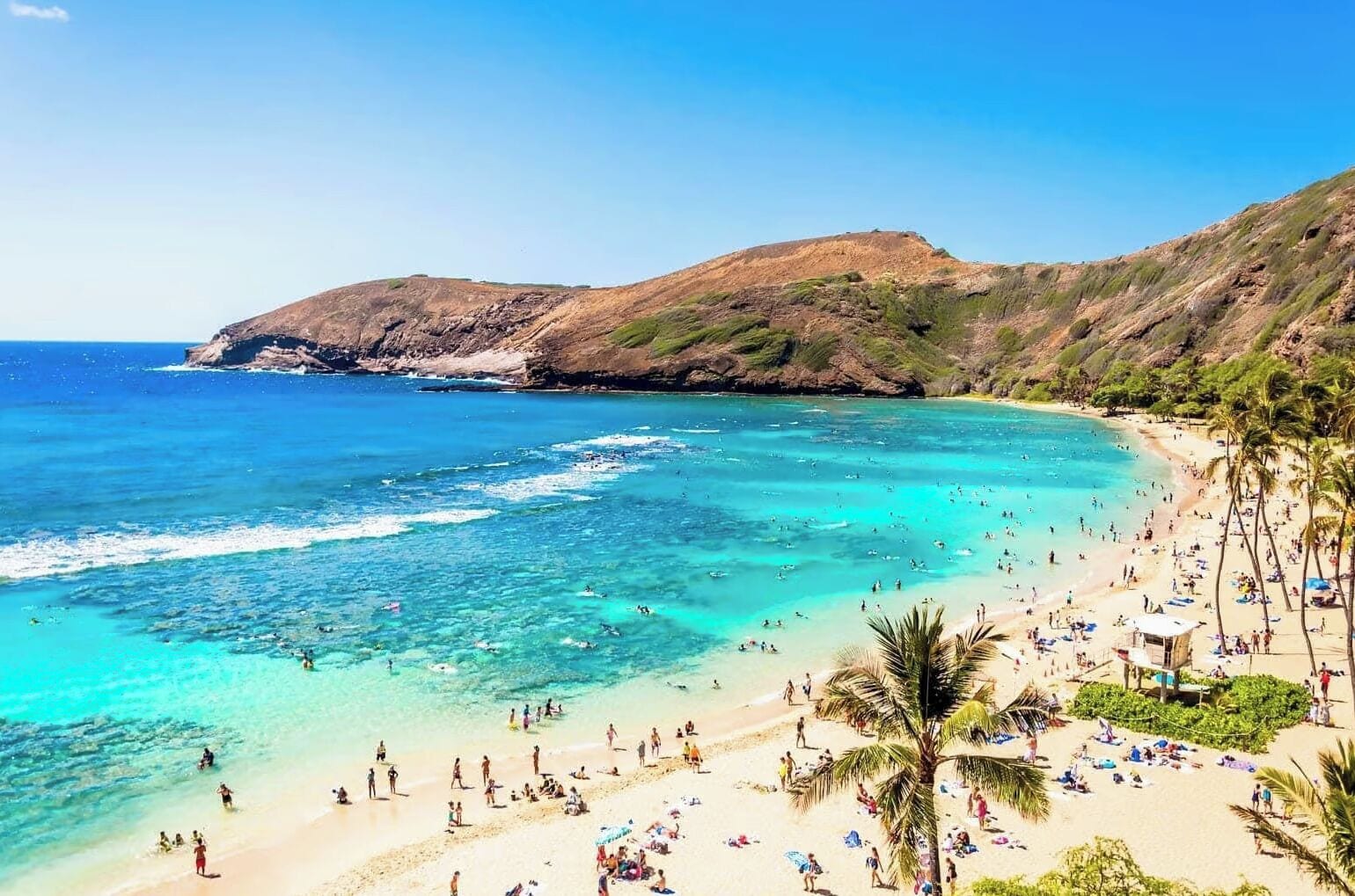 A beach with clear turquoise waters, sandy shore, and palm trees.