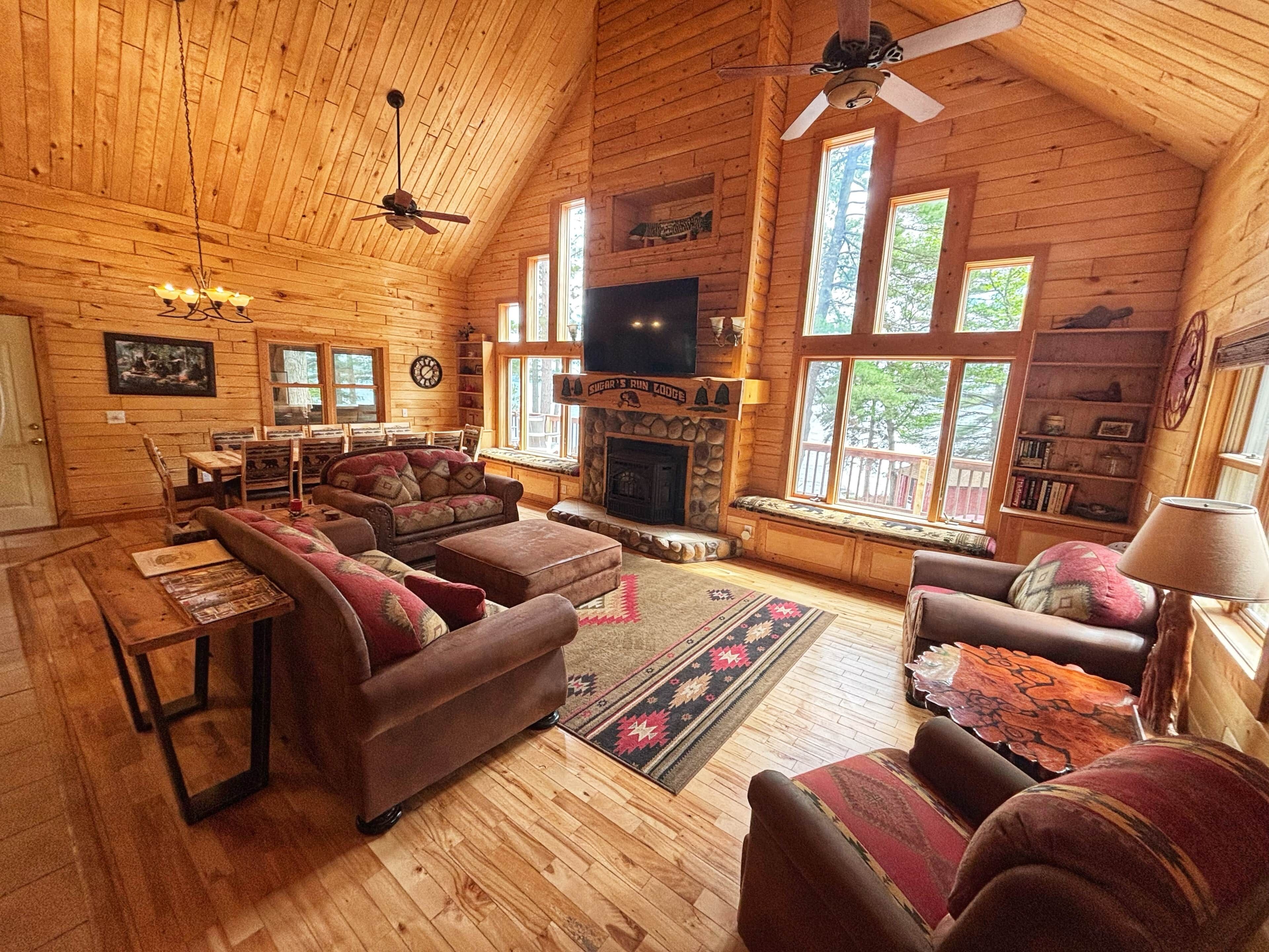 Smart TV, fireplace, foosball, books