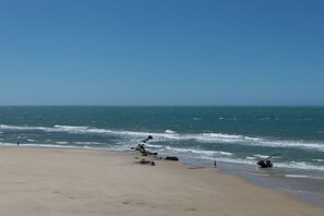 A beach with a clear sky, calm sea, and a few people. - Beach front One Bedroom with Pool and Garden Views (Caponga)