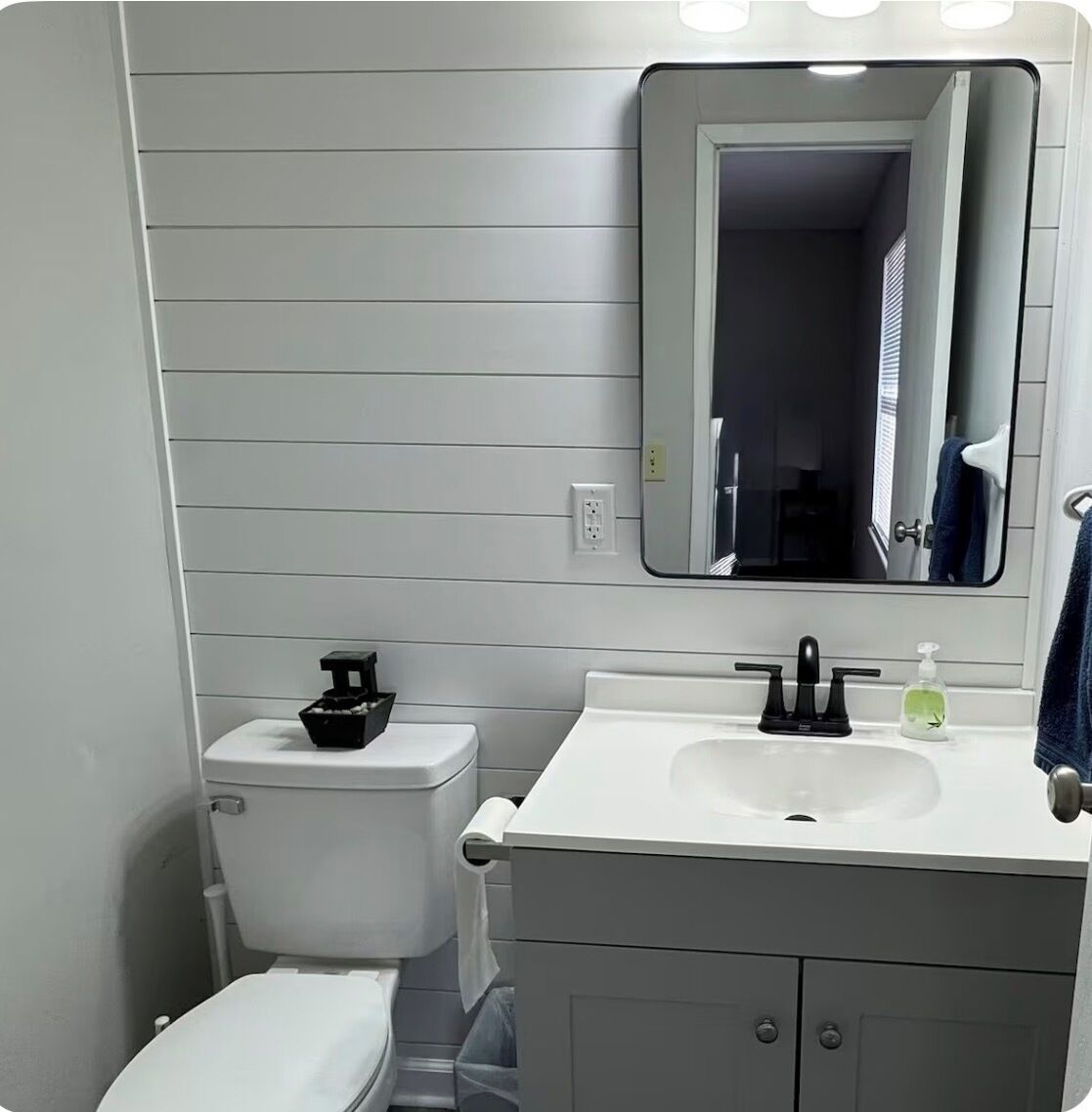 Hair dryer, towels, soap, toilet paper
