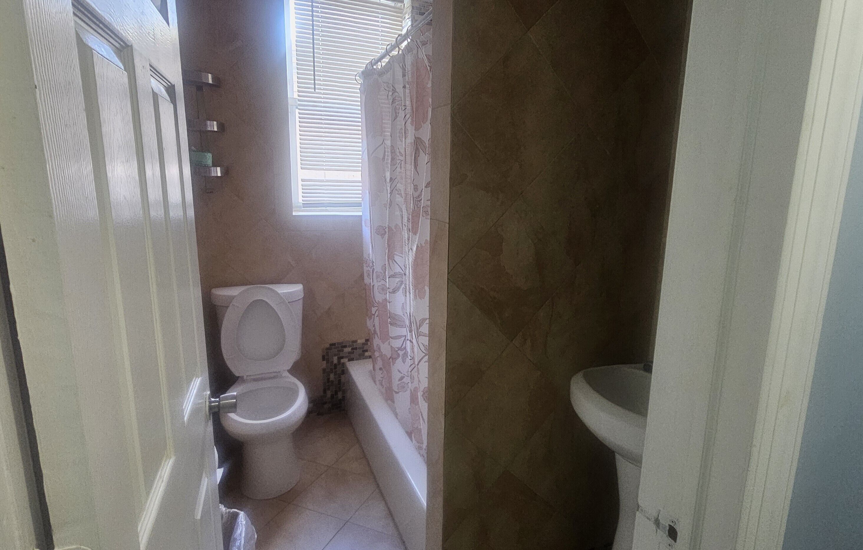 A bathroom with a toilet, a sink, and a shower area.