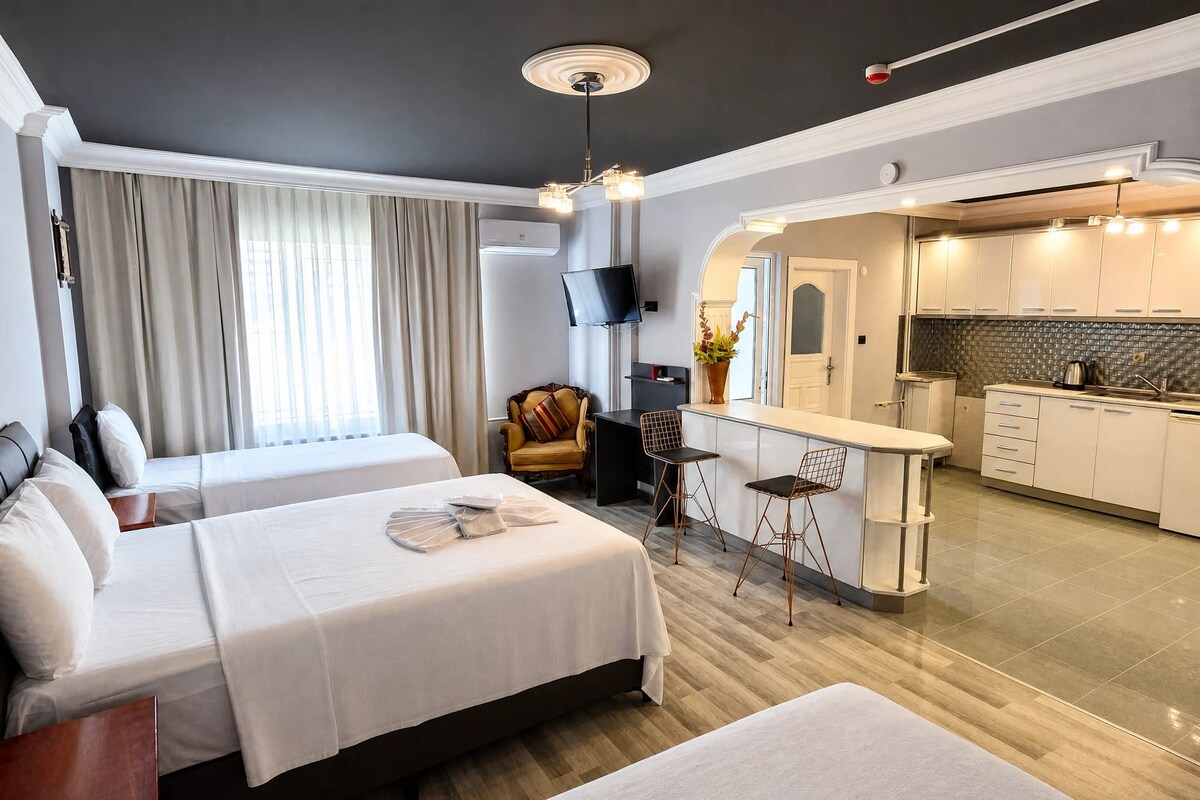 A modern hotel room with two beds, a sitting area, a TV, and a kitchenette.