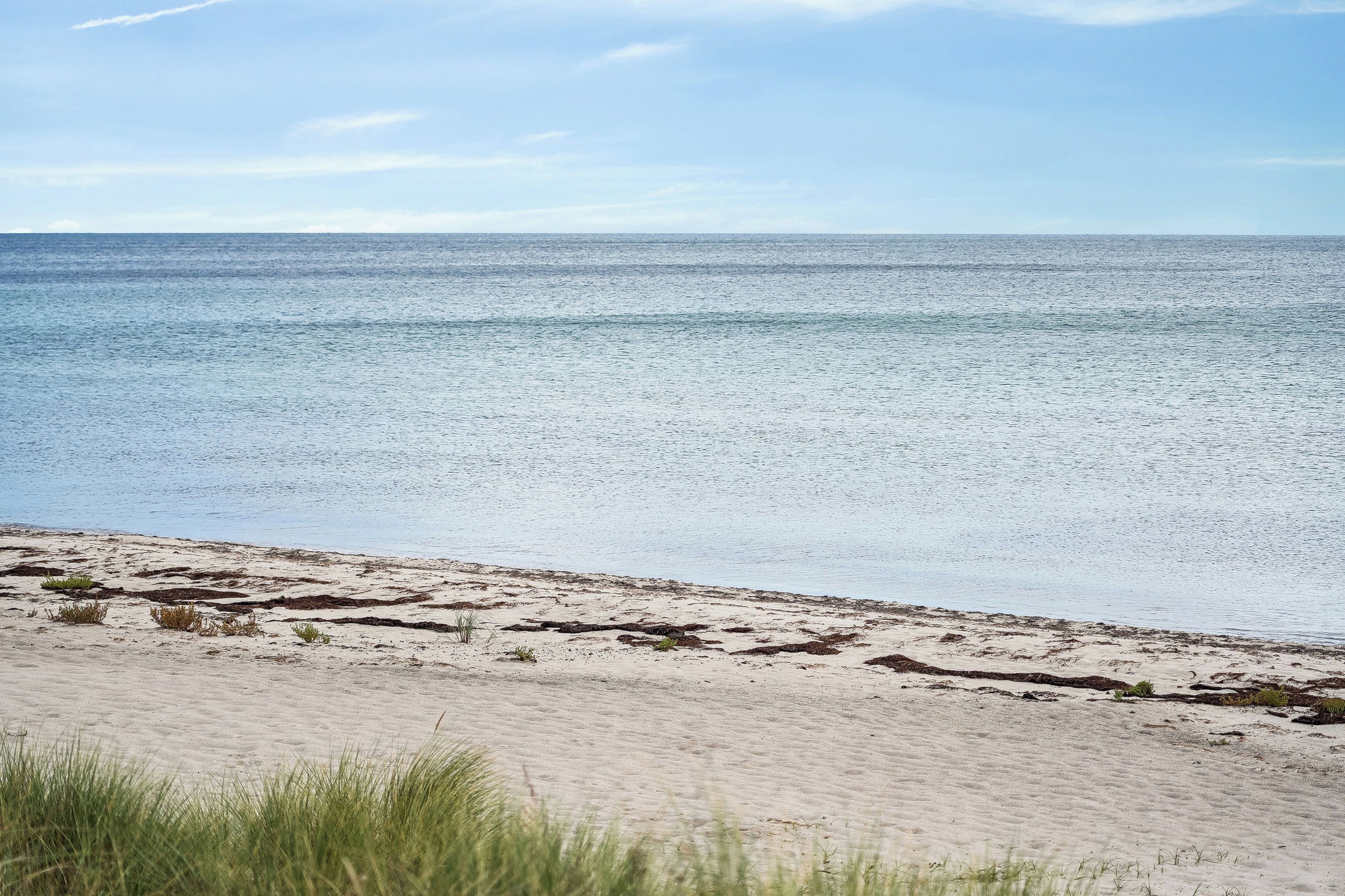 Ein Strand mit sandigem Ufer und ruhiger See.