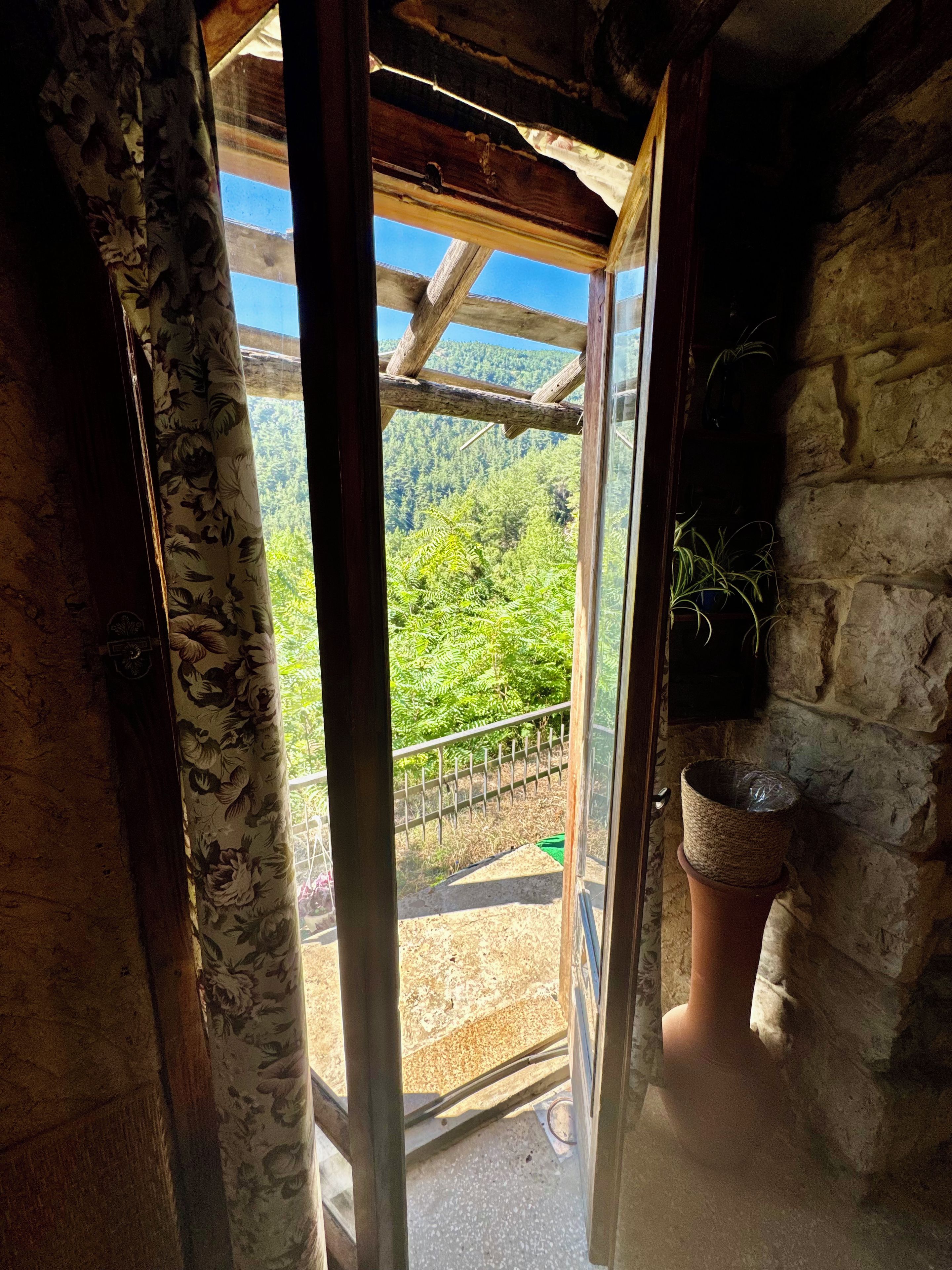 A rustic wooden room with a view of a forested hillside through a glass door.