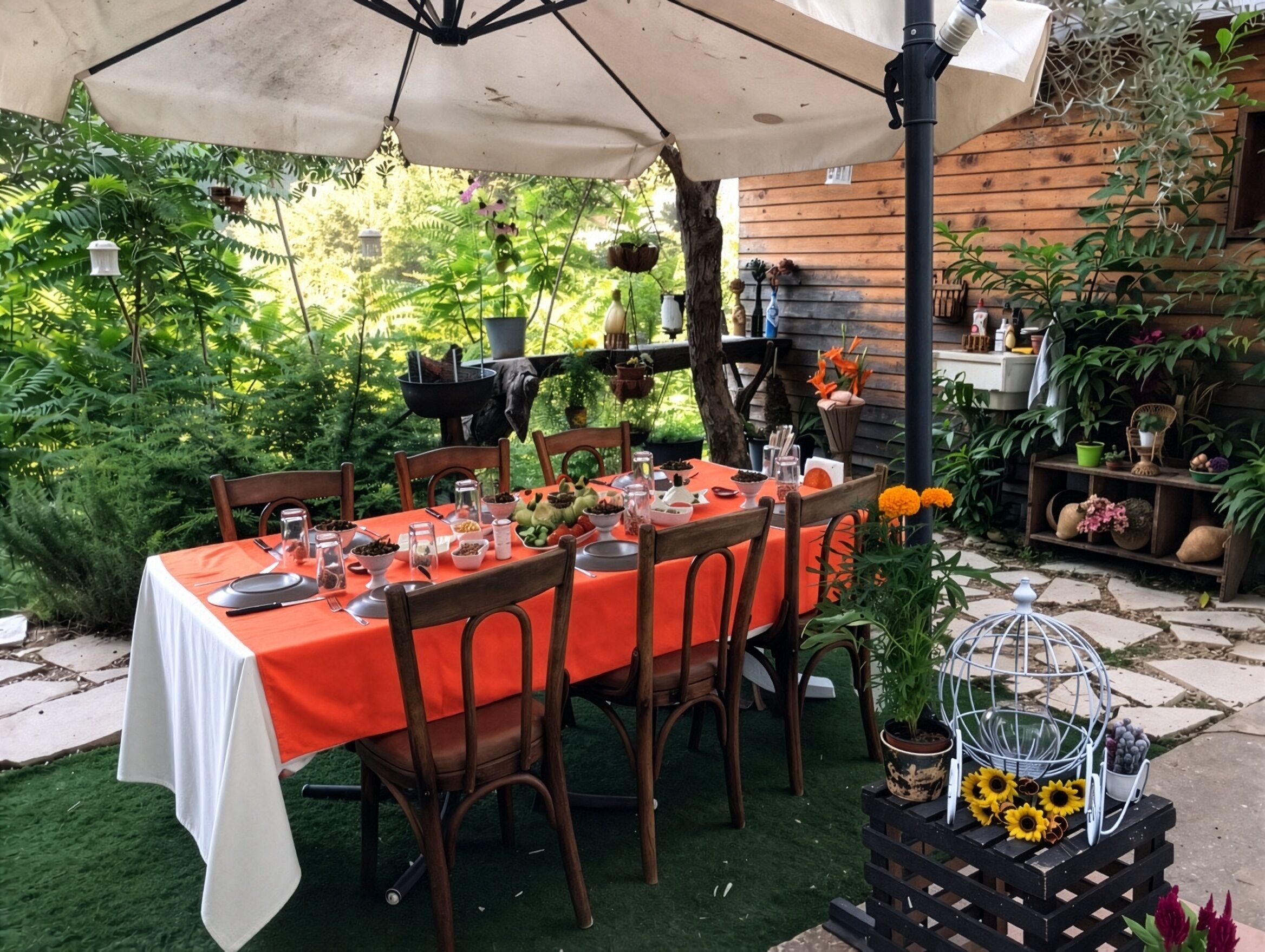 An outdoor dining area with a table set for four, surrounded by chairs and covered by a canopy.