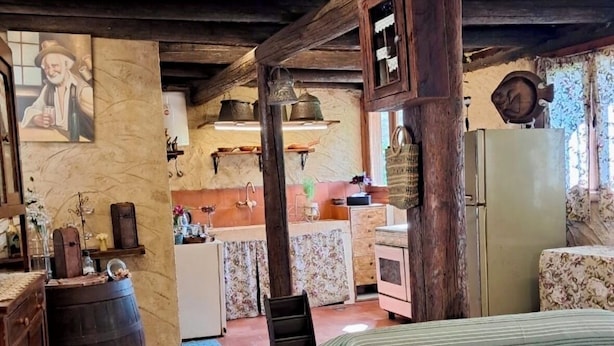 A rustic room with a bed, wooden furniture, a kitchen area, and a dining table.