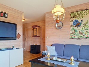 A living room with a television, sofa, coffee table, and decorative items. - Bjørnbu by Interhome (Eikerapen)