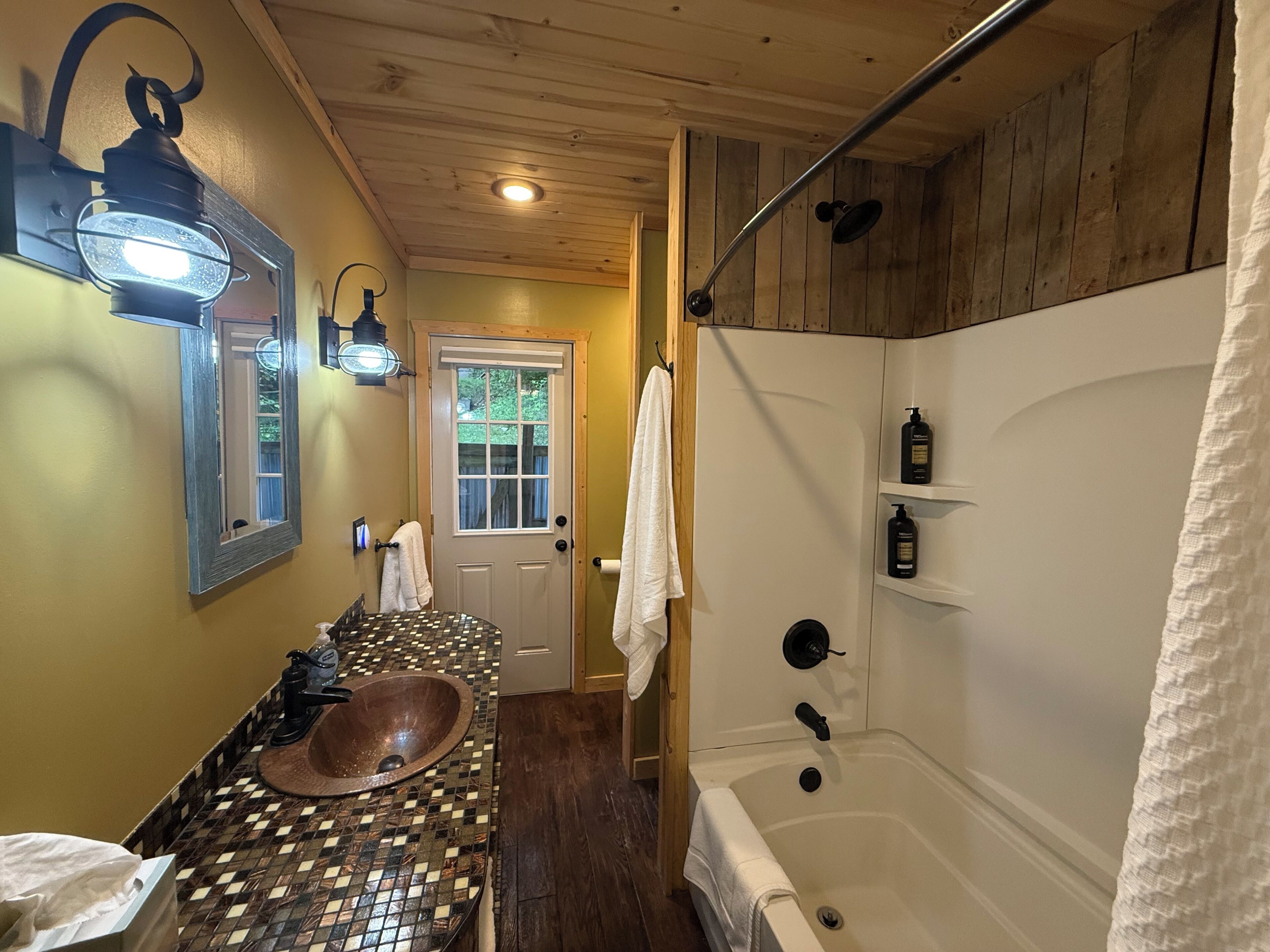 Hair dryer, towels, soap, shampoo