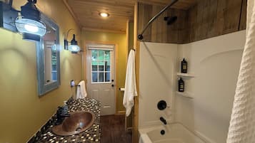 Hair dryer, towels, soap, shampoo