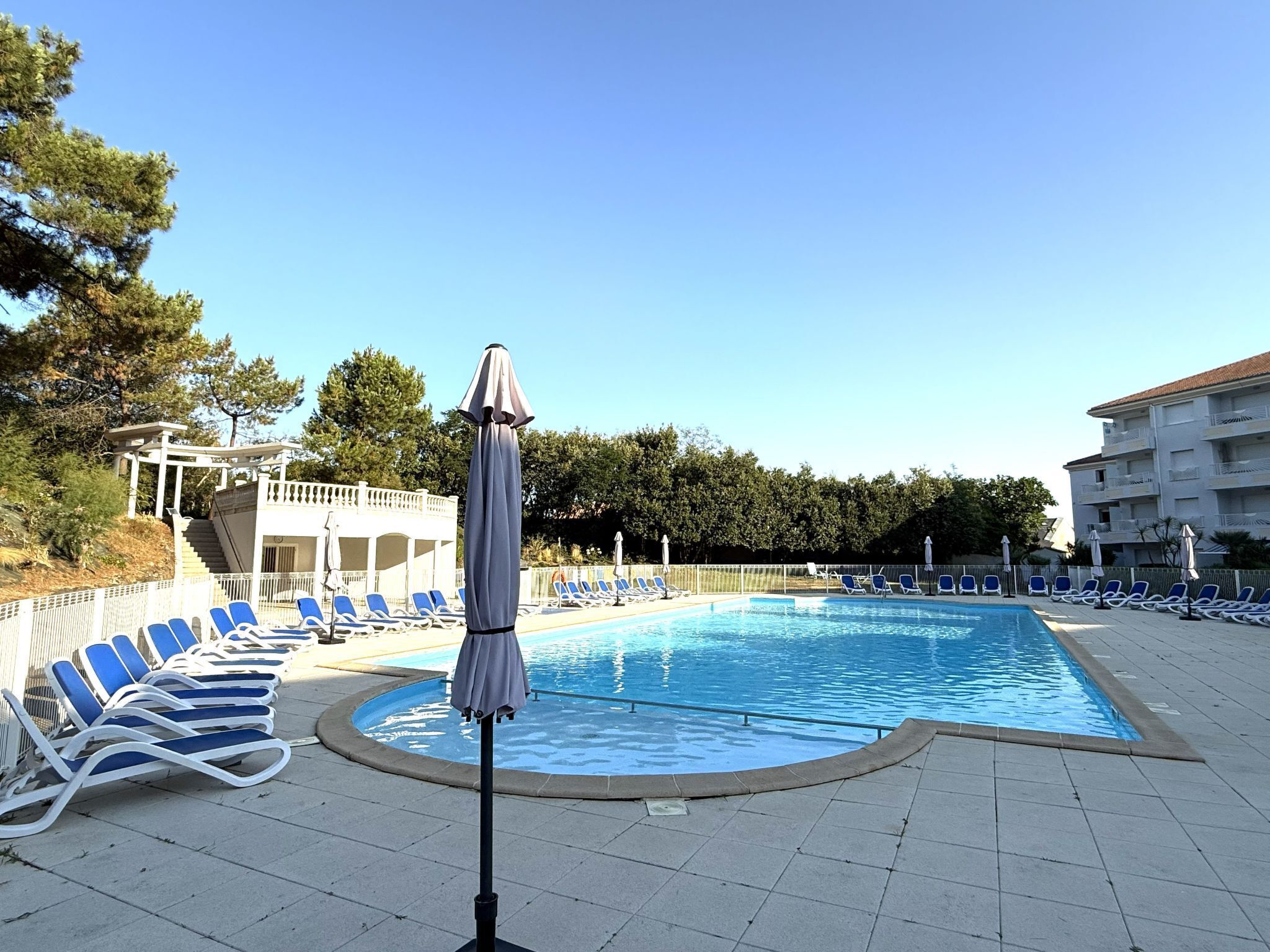 Una piscina con sillas de descanso y sombrillas, rodeada de árboles y un edificio.