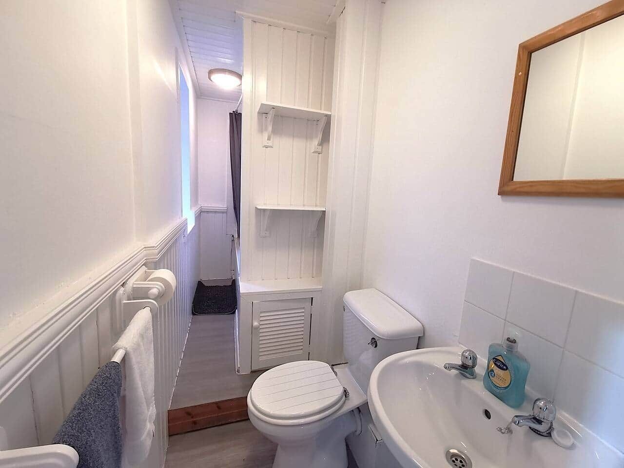 Ett litet badrum med en toalett, ett handfat och en spegel på väggen.