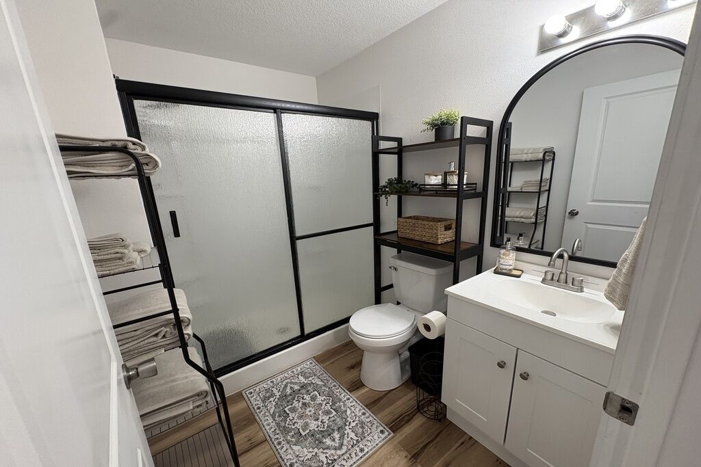 Hair dryer, towels, soap, toilet paper
