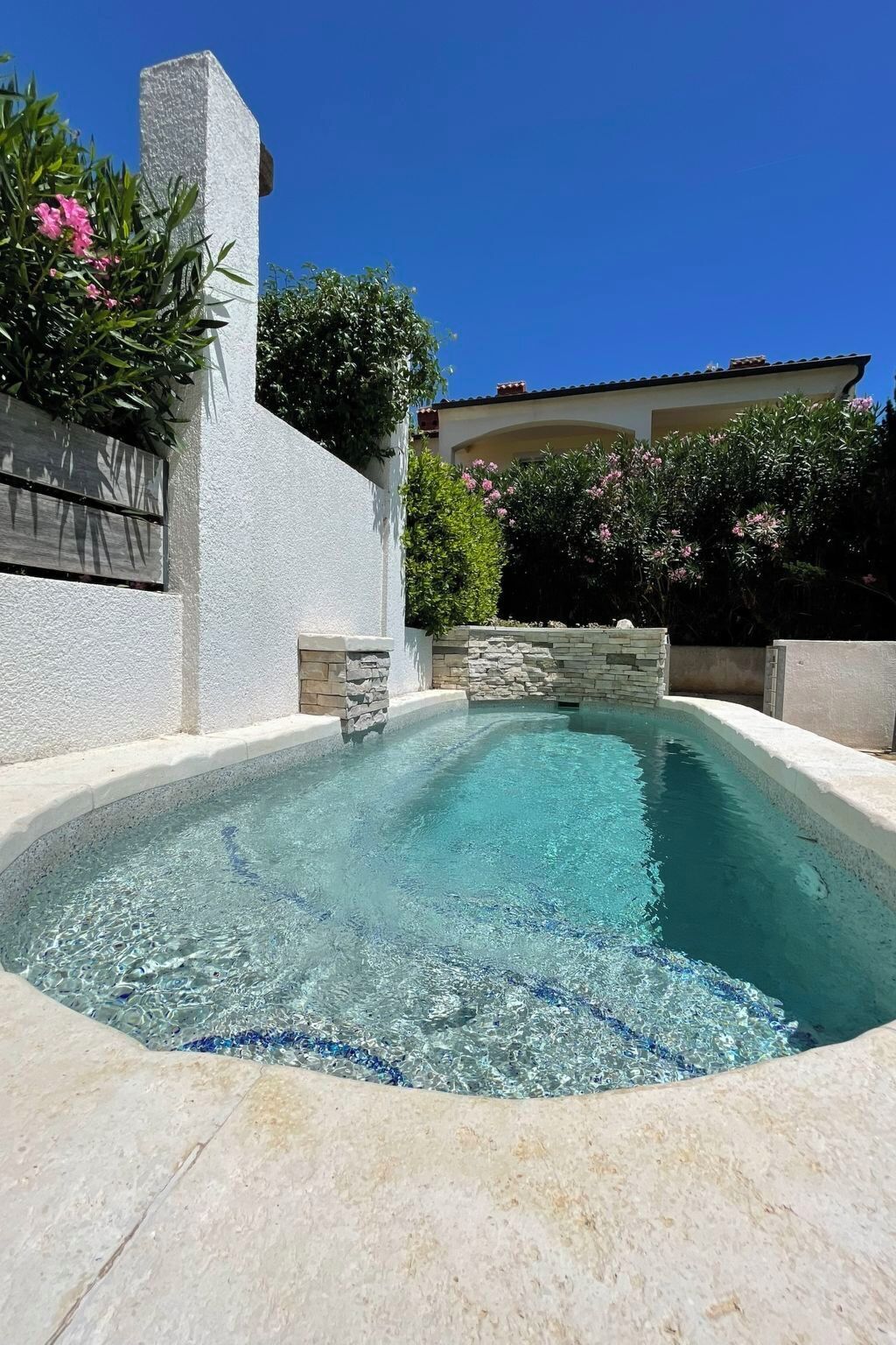 Une piscine avec un mur en pierre et des plantes.