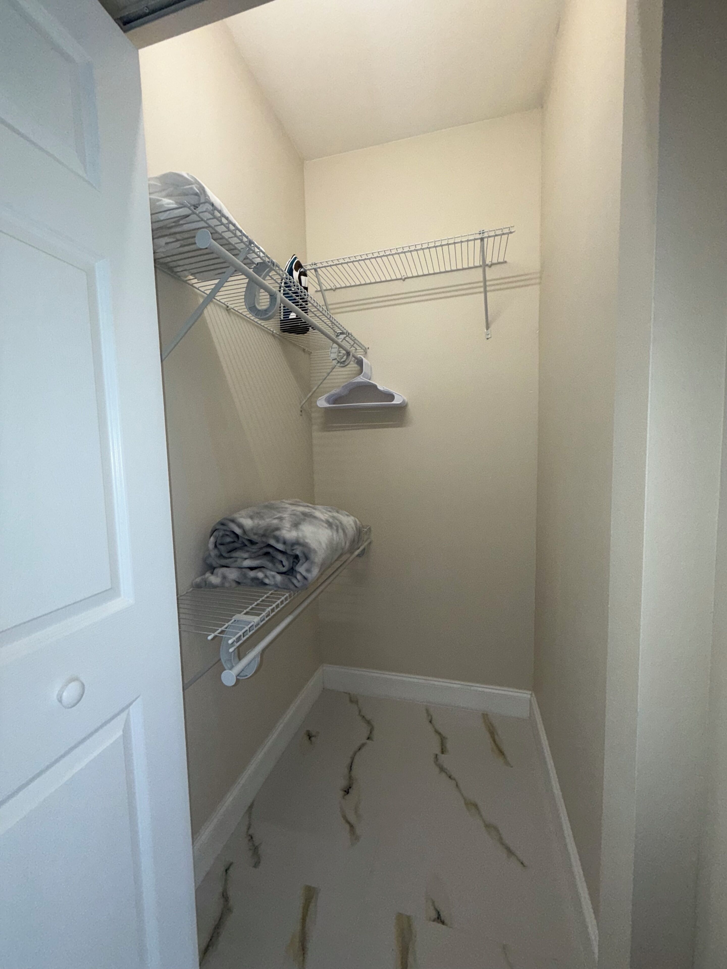 A small, narrow room with a white door, a metal shelf unit, and a patterned floor.