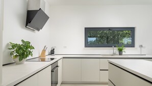 A modern kitchen with white cabinetry, a built-in oven, a window with a view of trees, and a potted plant on the counter. - Villa Yamila (Istria - Žminj) (Žminj)