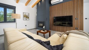 Uma sala de estar moderna com um sofá, uma TV e uma lareira.