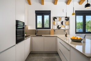 A modern kitchen with a built-in oven, a sink, and a countertop with a bowl of fruit. - Villa Oliver (Istria - Buje) (Buje)