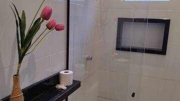 Shower, towels, soap, toilet paper