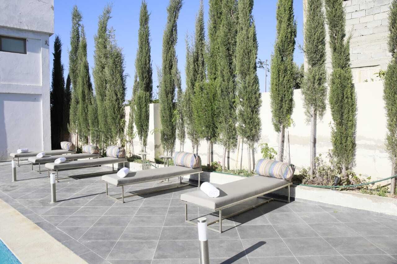 A poolside area with lounge chairs and tall trees.