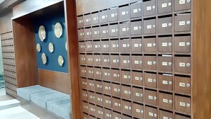 Eine Reihe brauner Briefkästen mit Nummern, an einer Wand angeordnet.