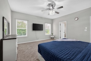 A bedroom with a bed, a ceiling fan, a TV, and two windows with blinds.