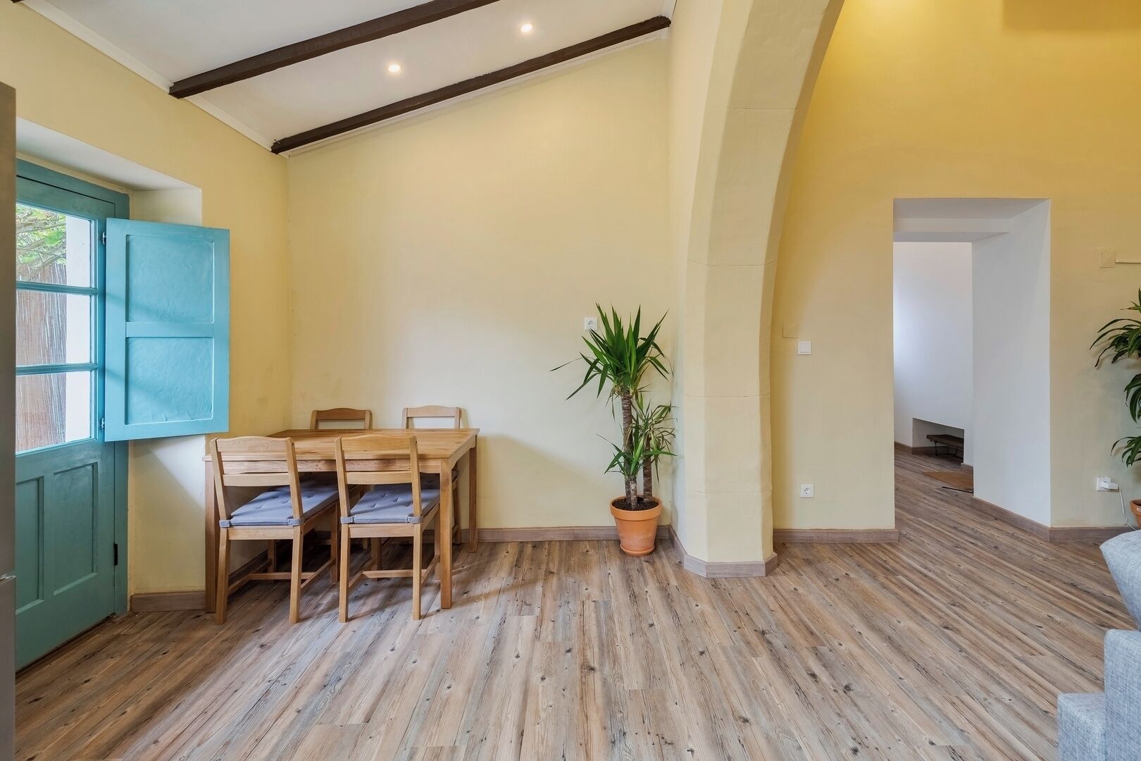 A dining area with a wooden table and chairs, a potted plant, and a blue door.