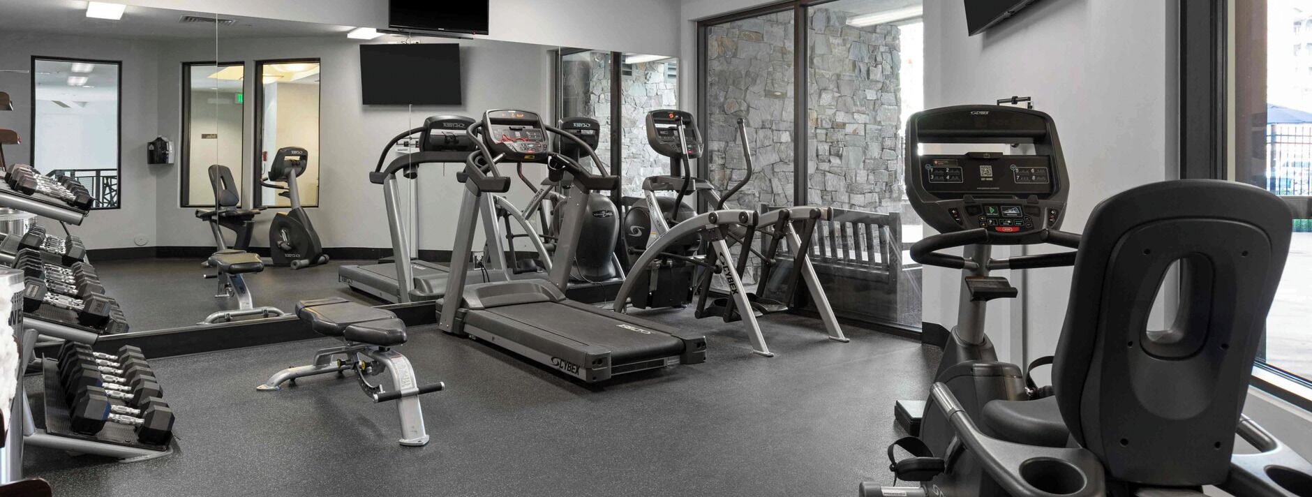 A gym with treadmills, ellipticals, and free weights.