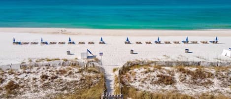 A beach with rows of sun loungers and a wooden pathway leading to the water.