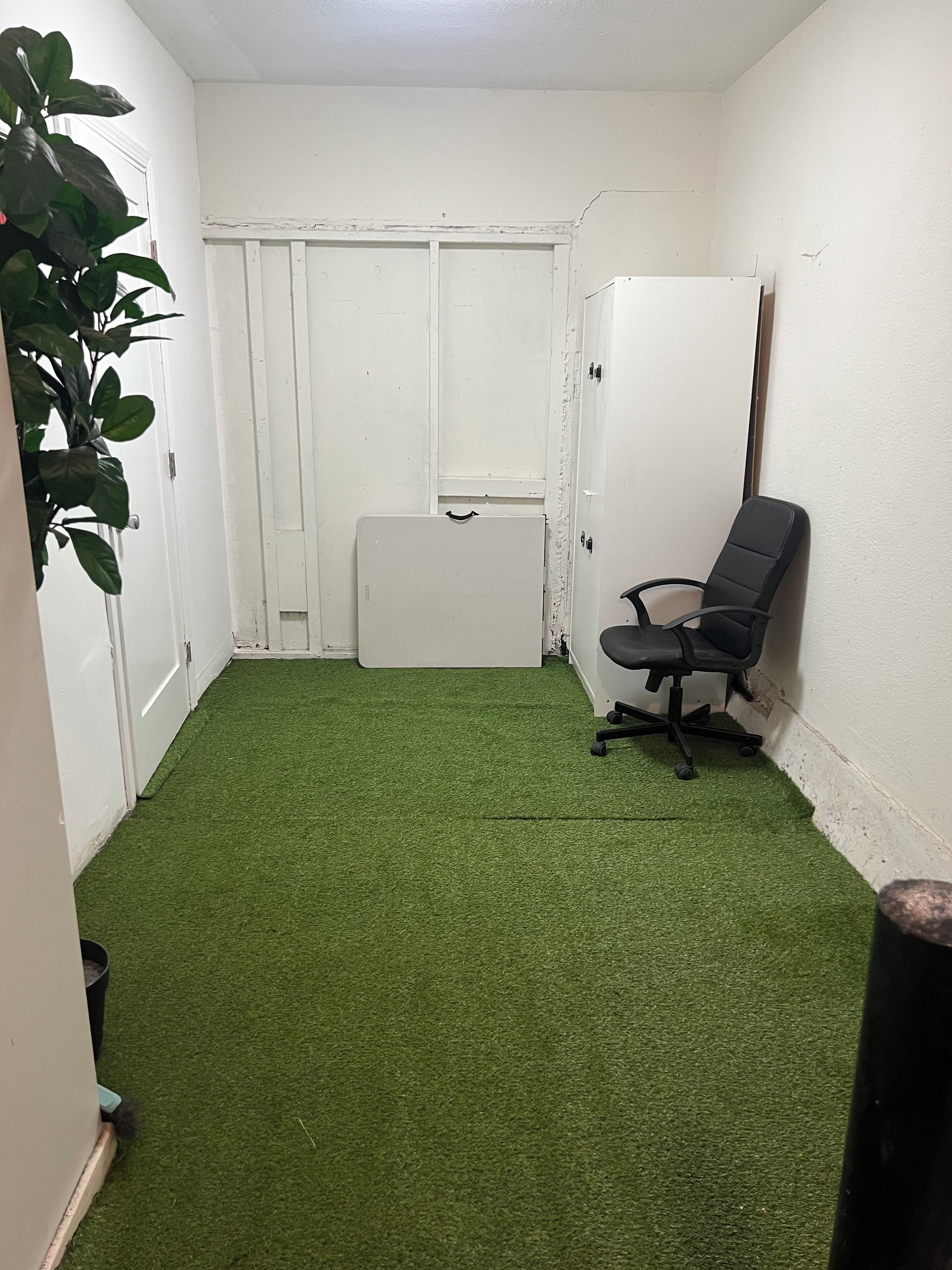 A room with a green artificial turf floor, a white door, a black office chair, and a white cabinet.