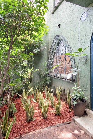 A courtyard with a metal gate, potted plants, and a wall with a window. - Casa Corazón | 5BR Oasis in La Condesa (Mexico City)