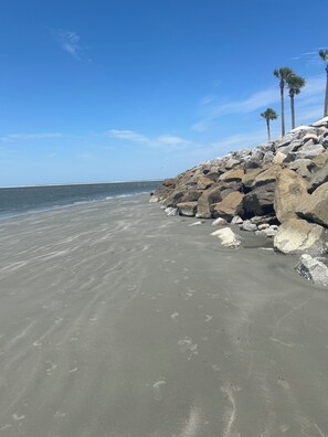 A beach with a rocky shoreline, clear sky, and palm trees.