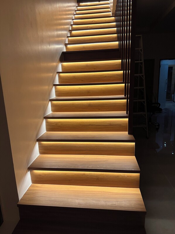 A wooden staircase with illuminated edges, leading to a dark area beyond.
