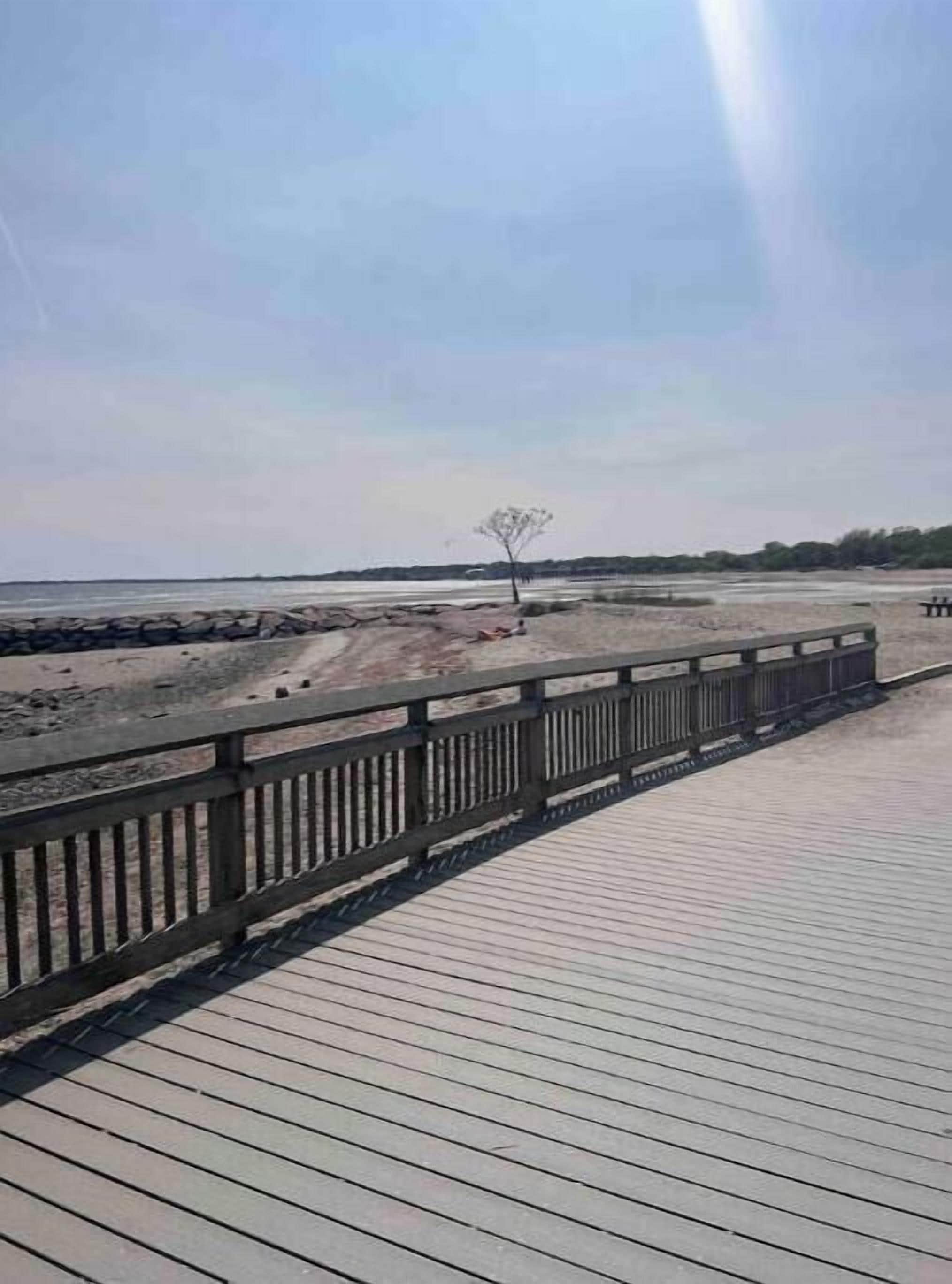A wooden boardwalk leading to a beach with a single tree and a distant shoreline.