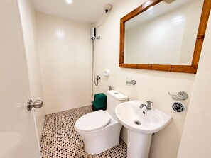Une salle de bain avec des toilettes, un lavabo et une douche.