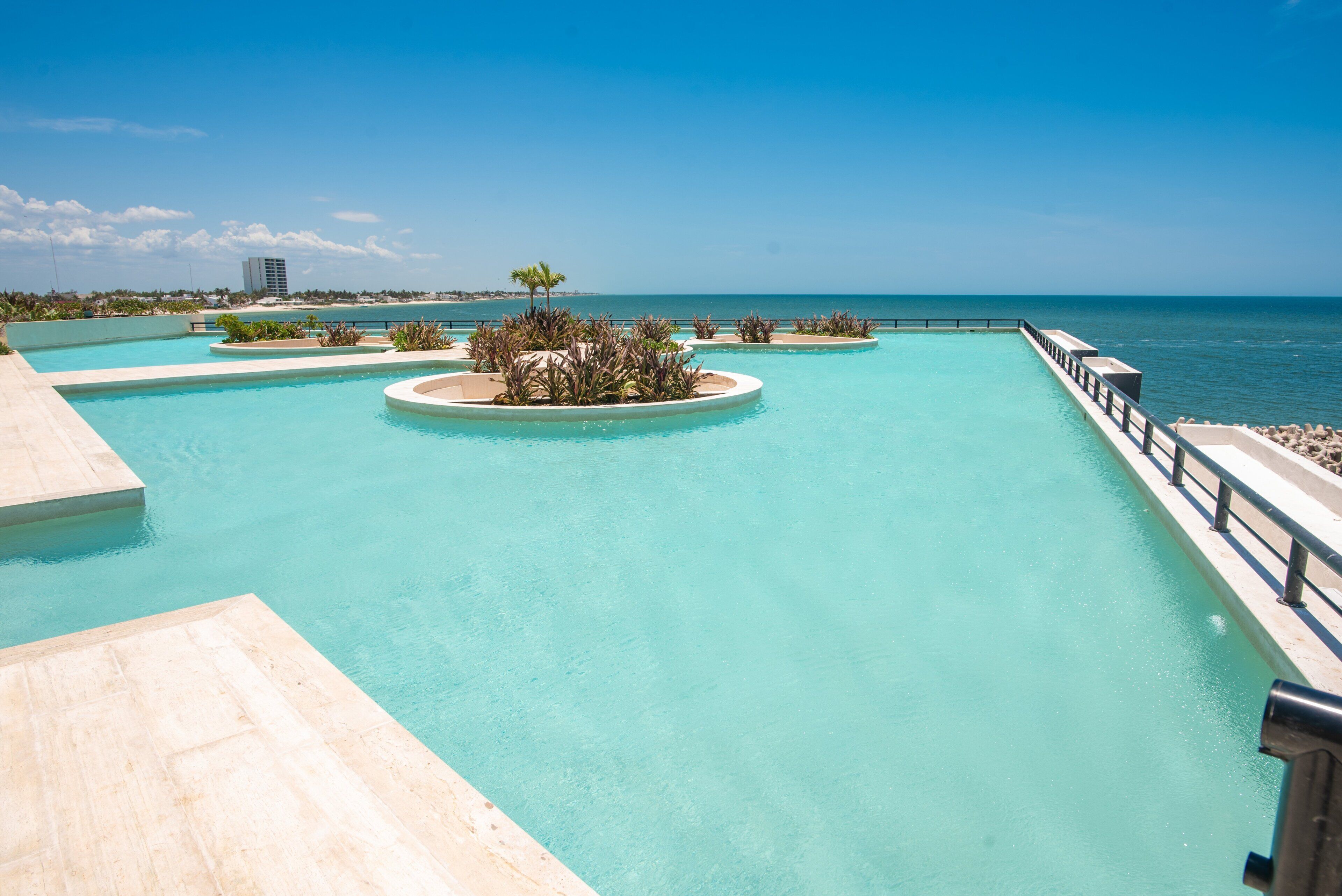 A swimming pool with a view of the ocean, surrounded by palm trees and a clear sky.