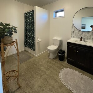 Shower, towels, soap, shampoo - Beachfront Coastal Studio at Glinks Gully (Te Kōpuru)