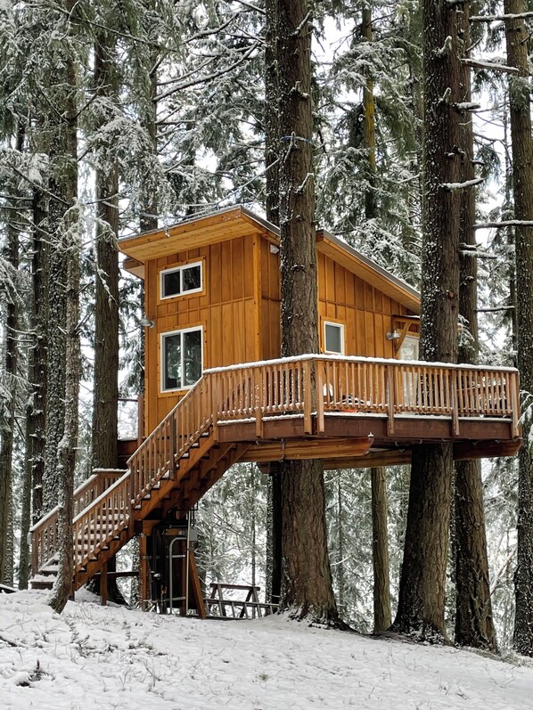 A wooden treehouse with a staircase, surrounded by snow-covered trees. - Mountain View Treehouse in Sutherlin with full bath and AC, 5 minutes from I-5 (Sutherlin)