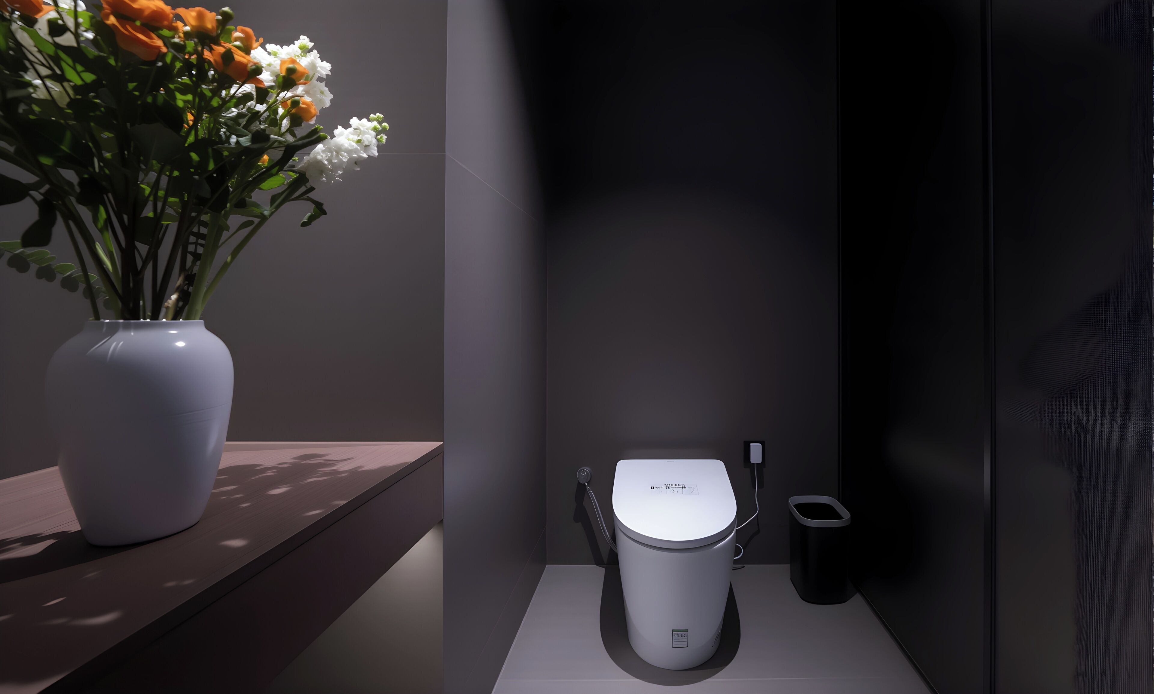 A modern bathroom with a toilet, a trash bin, and a vase with flowers on a shelf.
