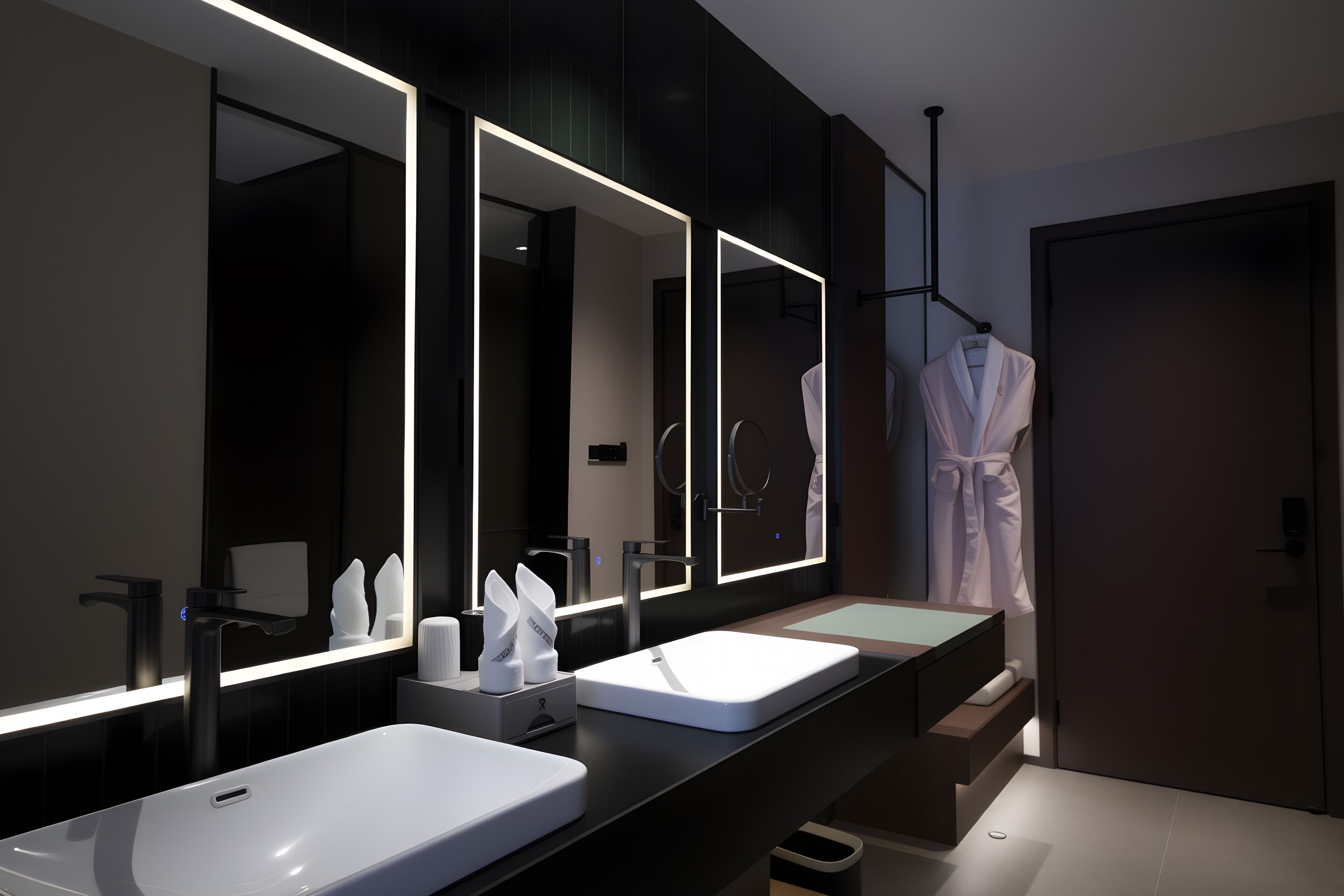 A modern bathroom with two sinks, a large mirror, and a robe rack.