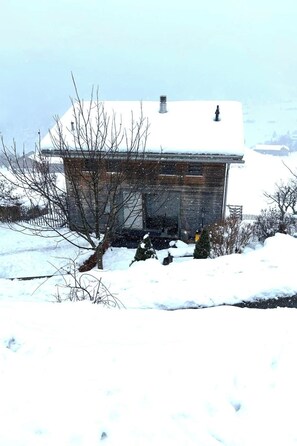 A snow-covered wooden cabin with a sloped roof, surrounded by bare trees and a snow-covered landscape. - Ferienhaus Jukale, (Luzein), ferienhaus_jukale by Interhome (Luzein)